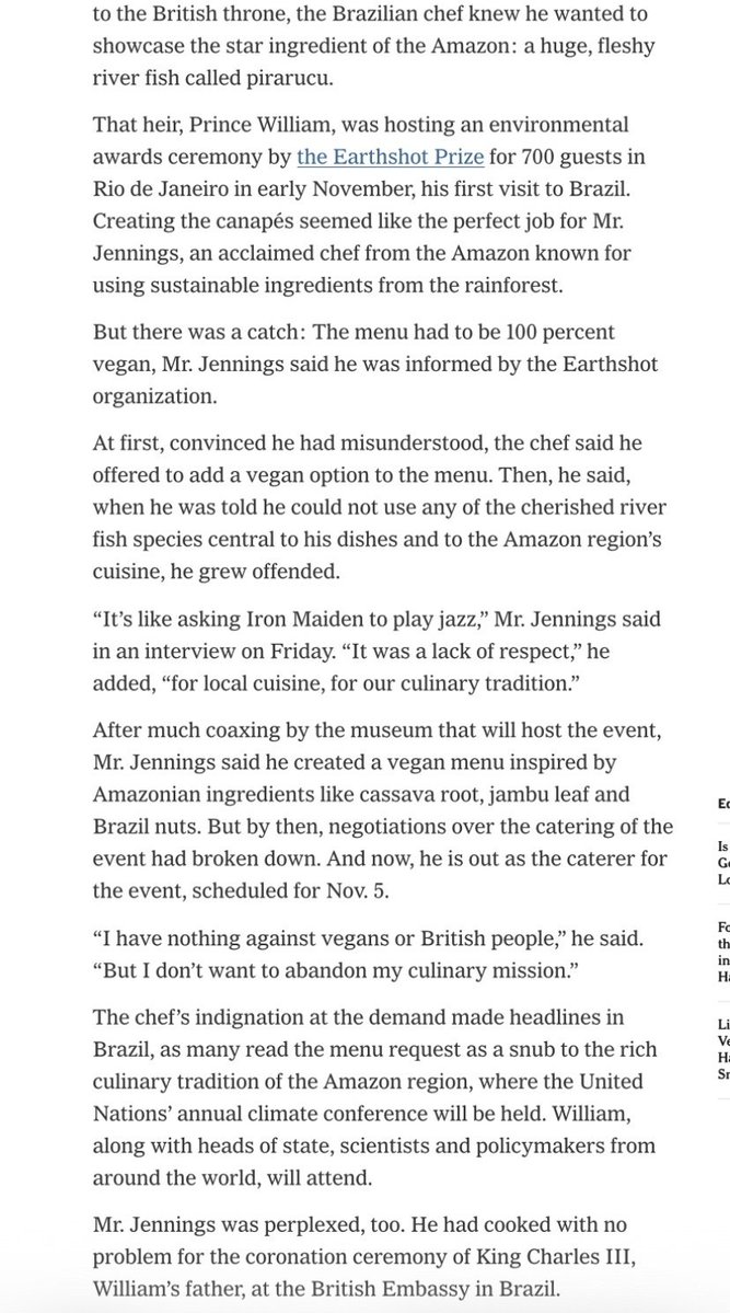 Someone should ask that writer that went after Meghan for being a guest in a vegan dinner what he thinks about the heir's flagship event demanding a local chef create a menu that was so offensive to his country, they had to beg him for it and in the end, couldn't even afford him.