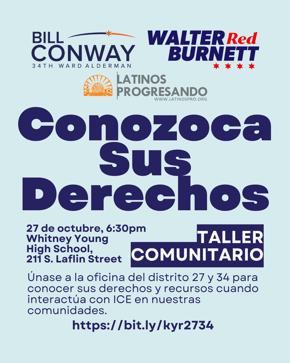 Alderman Bill Conway (@aldconway) on Twitter photo We’re just one day away from our Know Your Rights Workshop with <a href="/latinospro/">Latinos Progresando | latinospro.bsky.social</a> and <a href="/312Walt/">Ald. Walter Redmond Burnett</a>! Join us at Whitney Young at 6:30pm on Oct. 27 to learn more about your rights and resources when interacting with ICE in our neighborhoods. We’re just one day away from our Know Your Rights Workshop with <a href="/latinospro/">Latinos Progresando | latinospro.bsky.social</a> and <a href="/312Walt/">Ald. Walter Redmond Burnett</a>! Join us at Whitney Young at 6:30pm on Oct. 27 to learn more about your rights and resources when interacting with ICE in our neighborhoods.