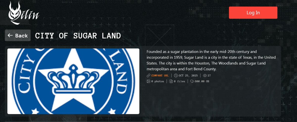 darkwebsonar's tweet image. City of Sugar Land, TX 🇺🇸 falls victim to Qilin Ransomware in an ongoing #ransomware attack targeted at #GovernmentAdministration sectors. Stay vigilant. #ThreatIntel