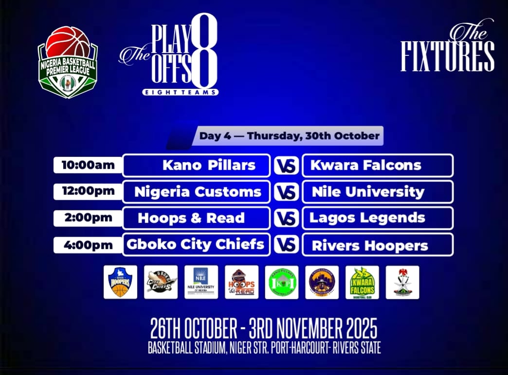 The #NBPLFinal8 is just around the corner! 

The games will be played at the Basketball Stadium in Old Port Harcourt Township, Rivers State, from Tomorrow 26th October, 2025.

<a href="/nbbfonline/">#NBBF</a> <a href="/theBAL/">Basketball Africa League</a> <a href="/KelvianoMedia/">Kelviano Media Int'l</a>
Here are the fixtures: