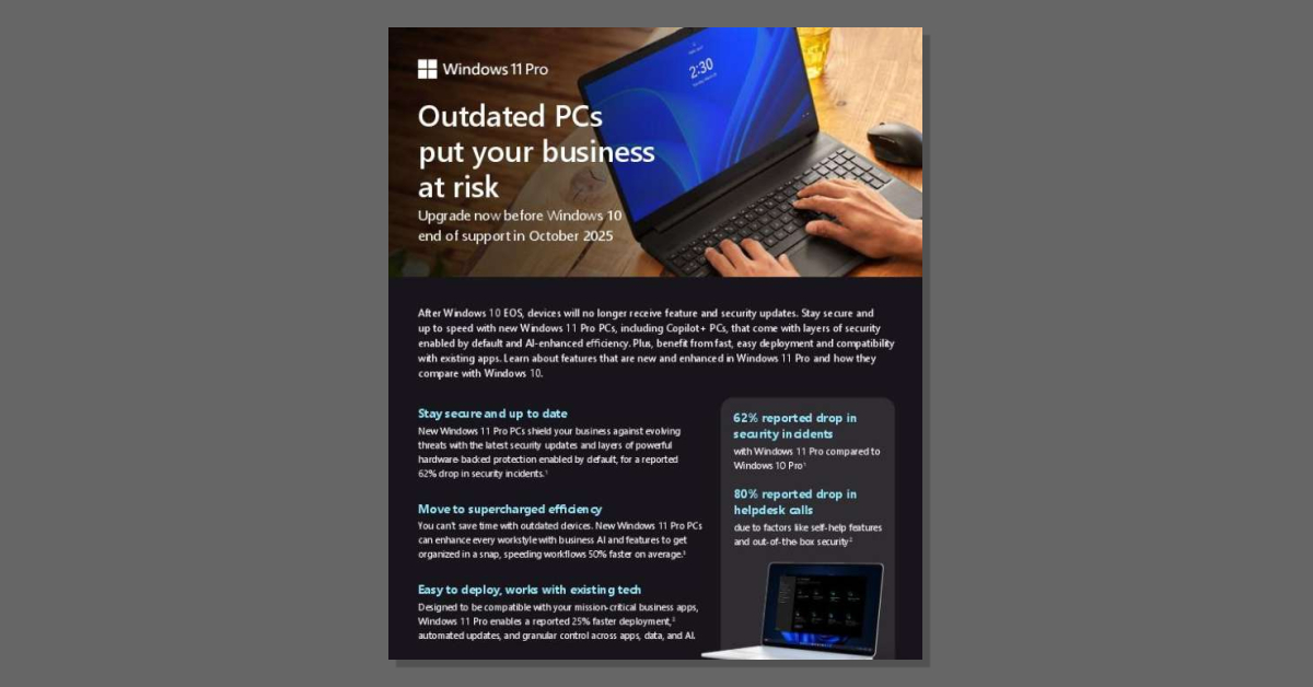 Theonlyrobyn's tweet image. Outdated PCs put the security of your business at risk. ⚠️ Download this brochure and stay secure and efficient with new Windows 11 Pro PCs, built for #AI. #Windows11Pro stuf.in/bhcyh9