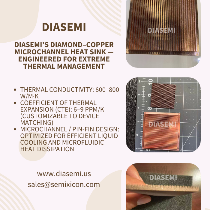 DiamondSemi's tweet photo. DIASEMI’s Diamond–Copper Microchannel Heat Sink, Engineered for Extreme Thermal Management
https://t.co/uA2KnswaVF
sales@semixicon.com
#DiamondCopper #MicrochannelCooling #MicrofluidicHeatsink #ThermalManagement #CVDdiamond #PowerElectronics #SemiconductorCooling #HighPowerLaser https://t.co/MoNBMtvaD2
