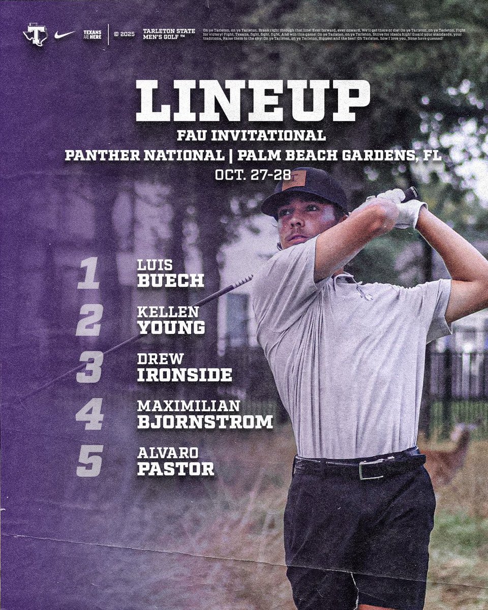 TarletonMGolf's tweet image. Lineup for our final fall tournament! 💪

First two rounds in Florida begins tomorrow