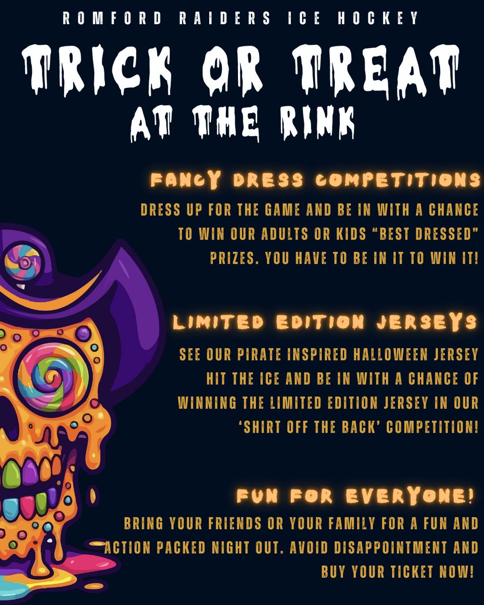 We face Phantoms again on Wednesday night for our Halloween game!
👻 Fancy dress encouraged!
 🏒Scarily exciting Ice Hockey
 ❄️Win fabulous prizes!
 🍭Trick or Treat around the rink
🎃Win a Limited Edition Jersey
TICKETS 📷
Wednesday 29th October 7:15PM
romfordraiders.ticketco.events/uk/en/e/romfor…
