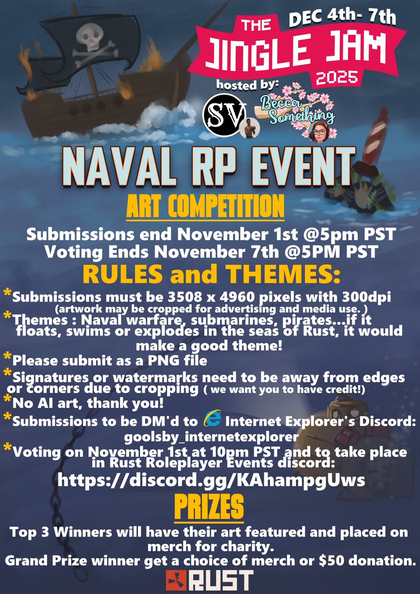 There is an art competition! 

Competition is for the upcoming Naval event for <a href="/jinglejam/">Jingle Jam</a> hosted by myself &amp; <a href="/JackShephardIRL/">Jack Shephard</a>! 

Top 3 will have their artwork featured and placed on merch with all profits going towards charity. 

If you are intererested in joining the event: