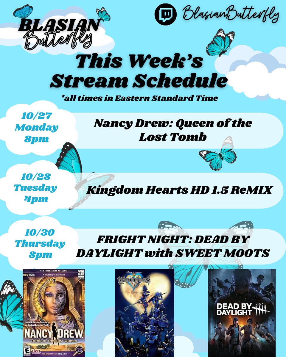 🦋 THIS WEEK'S STREAM SCHEDULE (10/27-10/30) ☁️ 

More Nancy in Egypt! CAN I DEFEAT RIKU THIS WEEK?! And FRIGHT NIGHT: Sweet Moot community game night Thursday playing DBD! 💀

twitch.com/blasianbutterf…