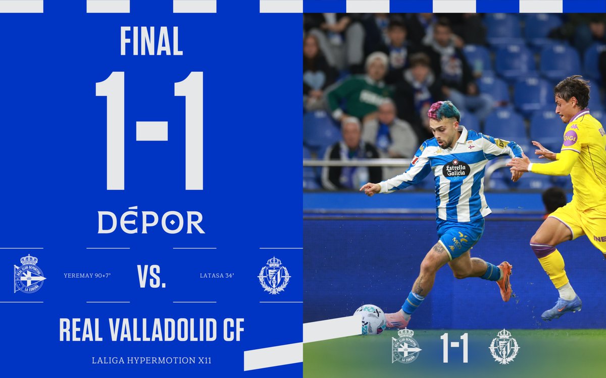 RCDeportivo's tweet photo. Final en #ABANCARIAZOR!

⏱️ 90+7’ | 1️⃣ - 1️⃣ |

#DéporRealValladolid #LaLigaHypermotion https://t.co/DiT1DNBw6s