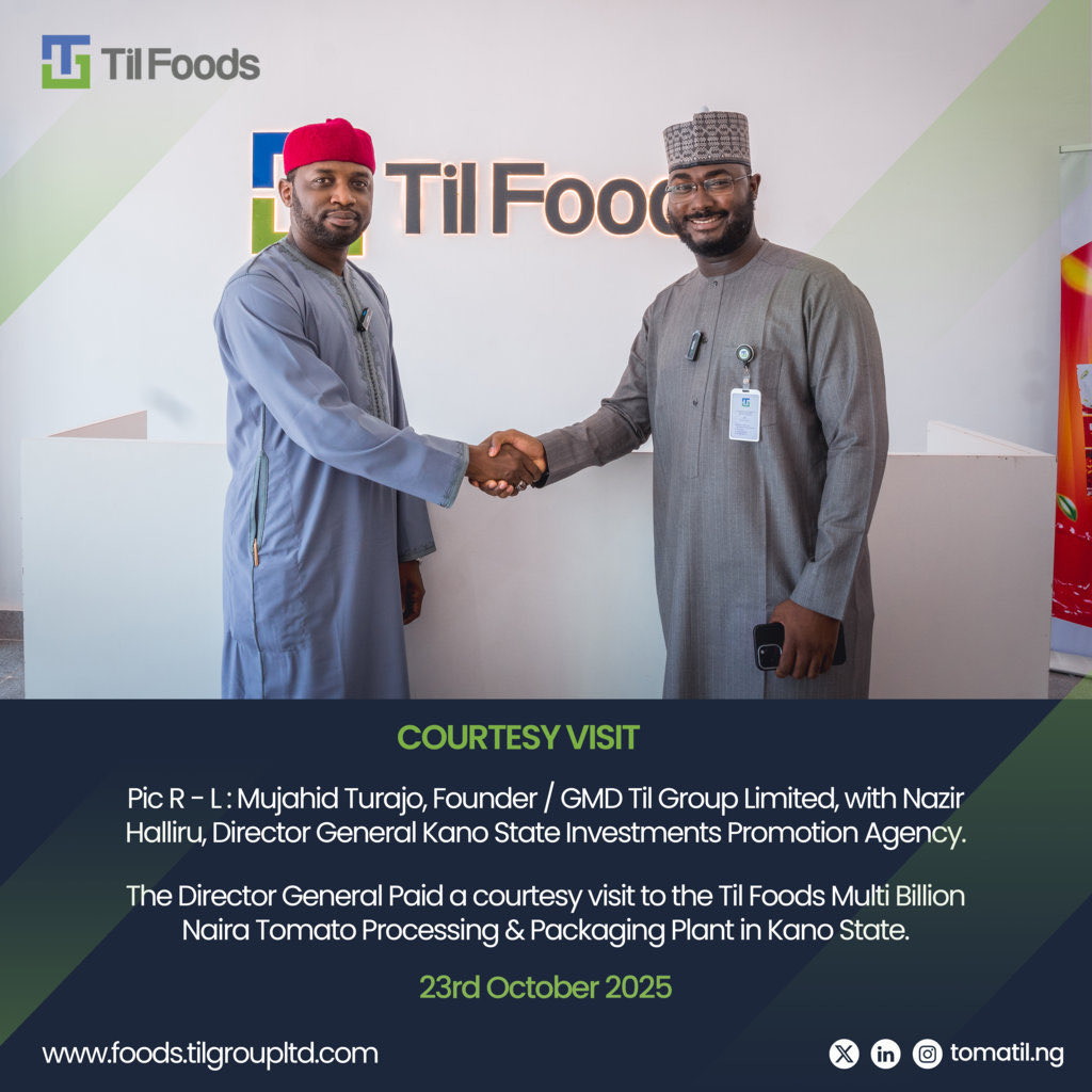 NazeerHalliru's tweet photo. Last week, I visited TilFoods’ multi-billion naira tomato processing and packaging plant in Kura LGA, Kano, as part of our ongoing investment aftercare service program. 

The plant, which will be commissioned soon, will process about 65 metric tonnes of fresh tomatoes daily under the brand name Tomatil. It stands as a remarkable testament to Kano’s growing agro-industrial capacity.

The visit reflects our commitment to supporting and sustaining existing investments to ensure they align with the vision of His Excellency, Gov. Abba K Yusuf’s investment agenda, for a vibrant, and industrially driven state. 

TilFoods embodies the kind of innovation, value addition, and job creation that reinforce Kano’s position as a leading destination for agribusiness and manufacturing in Nigeria.

We remain dedicated to nurturing an enabling environment where investors thrive, industries expand, and our people prosper. 

Muhammad Nazir Halliru
DG/CEO, Kan-Invest

#InvestInKano #AfterCareService #AbbaIsWorking