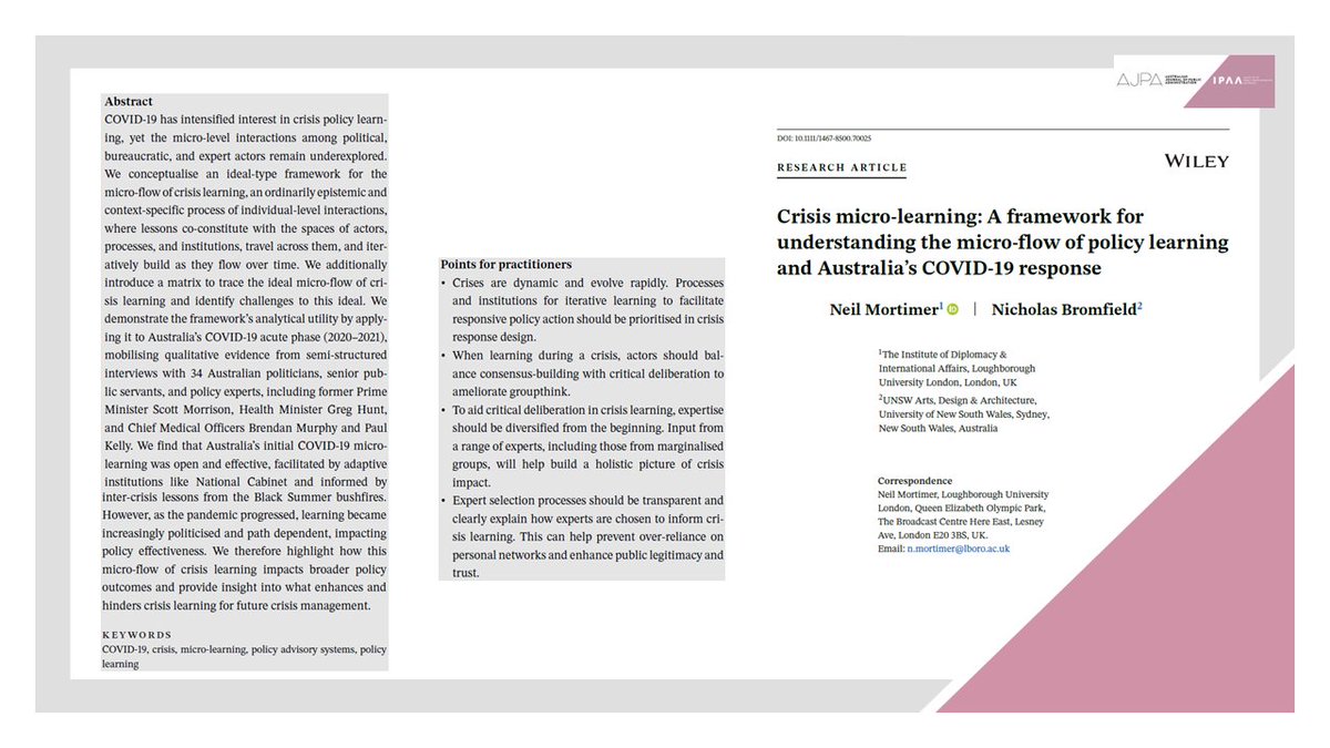 AusJPA's tweet image. 📣Early View
What constitutes an ideal-type #MicroLevel #Learning process during a #crisis❓ 
And what challenges might undermine this ideal❓
Neil Mortimer & @NicholasBromfi1 study #Australia's #COVID19 crisis learning as an exemplar case👇
doi.org/10.1111/1467-8…