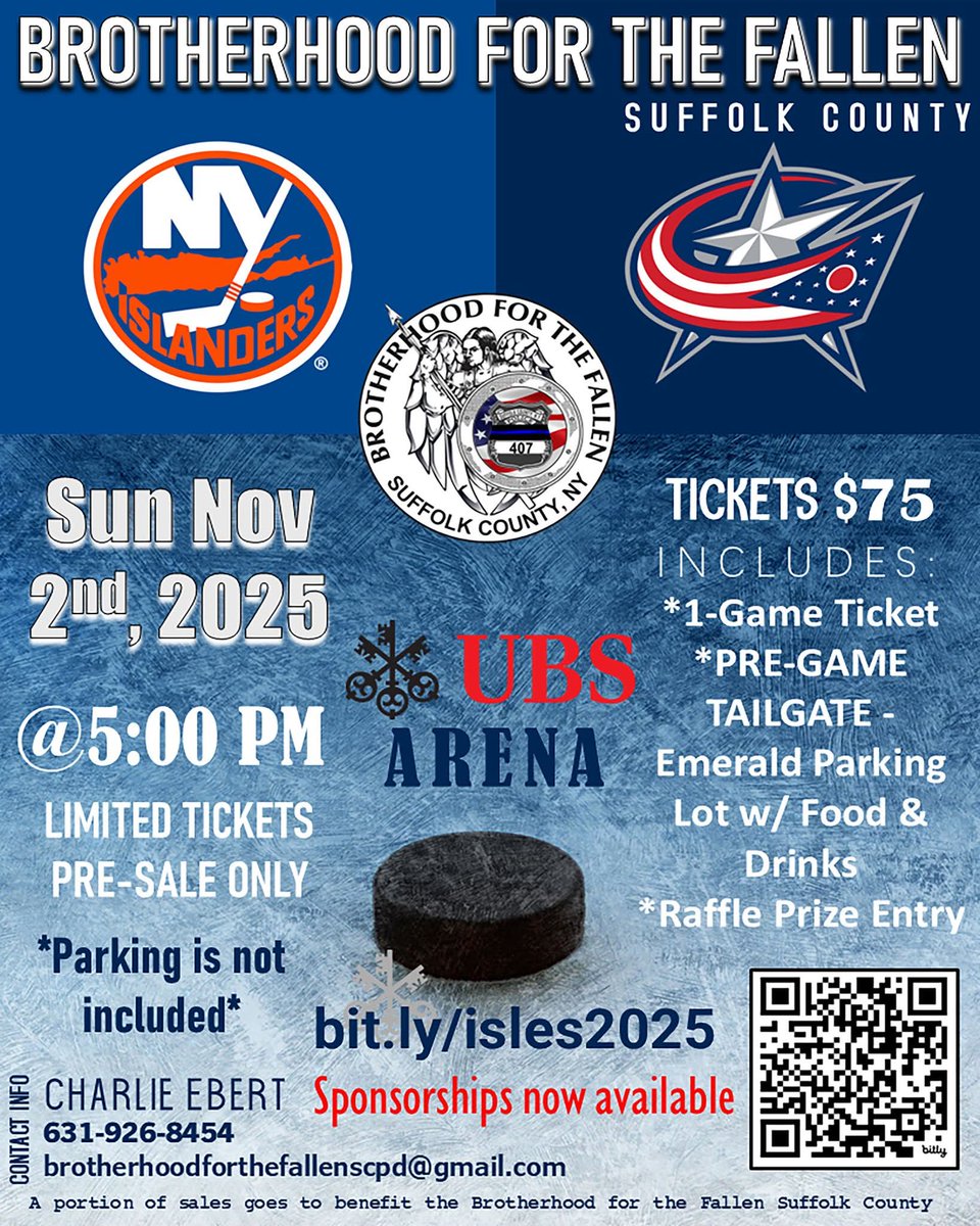 brotherfallSCPD's tweet photo. Last call for tickets to our Islanders Event on Nov 2nd. $75 gets you a ticket to the game, a pre-game tailgate &amp; limited giveaways! Tailgate starts @ 2:15, game starts at 5. Visit: https://t.co/KIuFNp9IX8
*Parking pass is not included with ticket price.*
#letsgoislanders https://t.co/vX7dOjNCuj