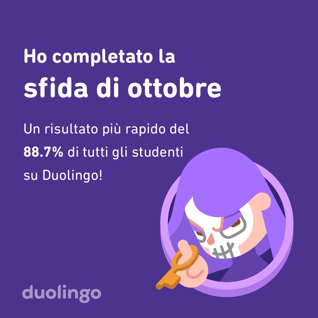 FrancescoBecca's tweet photo. Ho completato la sfida di ottobre più velocemente del 88.7% di tutti gli studenti su Duolingo! https://t.co/4GKUIMzQ7G