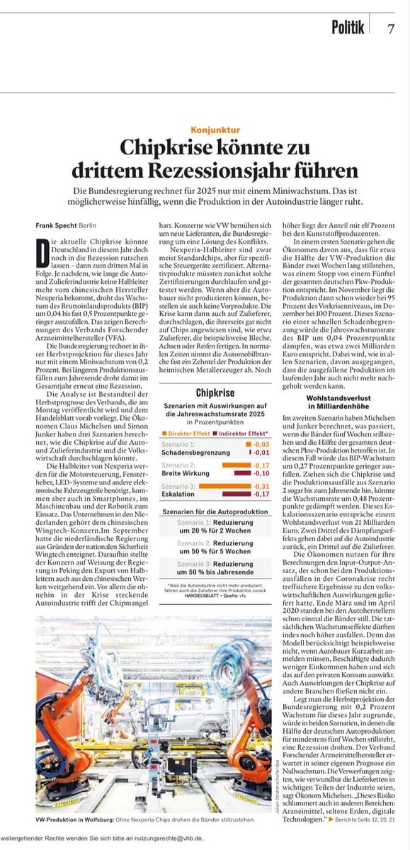 ClausMichelsen's tweet photo. Morgen im @handelsblatt - was könnten fehlende #Chips kurzfristig für die deutsche Wirtschaft bedeuten. Drei Szenarien haben wir dazu gerechnet - schon kurze Unterbrechungen in der Automobilproduktion wären gesamtwirtschaftlich spürbar. https://t.co/SNMjisTPZF