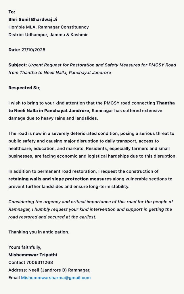 MishemmwarT's tweet photo. Urgent Request for Restoration and Safety Measures for PMGSY Road from Thantha to Neeli Nalla, Panchayat Jandrore https://t.co/eueE04EPw9
