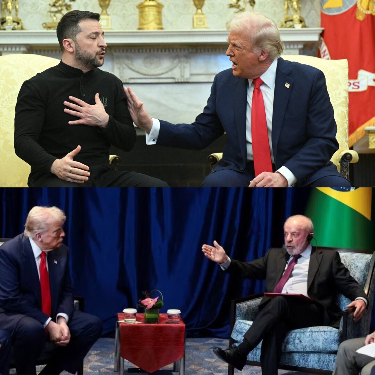 Como Trump trata líderes que agem com vassalagem x como Trump trata líderes que impõe respeito no diálogo.