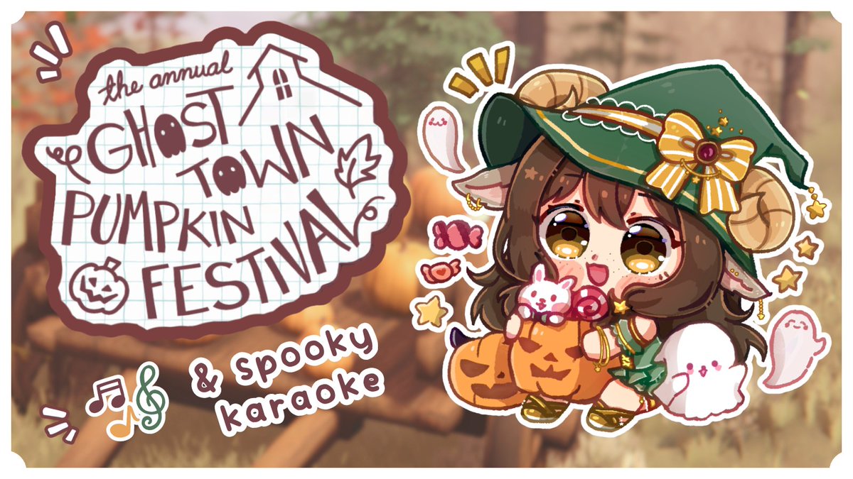 Looking for not-so-scary Halloween fun? 

This Thursday, I'm hosting a wholesome Halloween special! Chat can join me in-game as we explore the Pumpkin Festival, carve pumpkins together, &amp; end the night with a little karaoke!

art by: <a href="/Shikaruru/">Shika 🌸 ✦ VGen</a>
