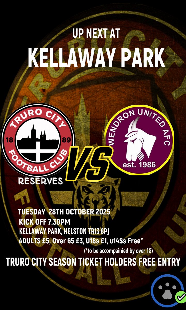 Up Next at Kellaway Park, home of The Blues, we host <a href="/TCFC_Official/">Truro (C)ity FC</a>  Reserves vs <a href="/WendronUtdAFC/">Wendron United AFC</a> <a href="/swpleague/">WALTER C. PARSON PENINSULA LEAGUE</a> 
<a href="/cornwallfa/">Cornwall FA</a> <a href="/CornwallSport/">BBC Sport Cornwall</a> <a href="/Goal_Mass/">Steve Massey</a> <a href="/NonLeagueCrowd/">Non League Crowds</a> <a href="/ThePacket/">Packet Newspapers 〓〓</a>