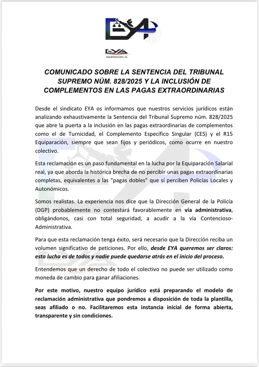 EYAPolicia's tweet image. ⚠️📄 #UltimaHora 
Comunicado sobre la sentencia del Tribunal Supremo nº 828/2025 y la inclusión de complementos en las pagas extraordinarias 

#EquiparacionYa #ConflictoColectivo