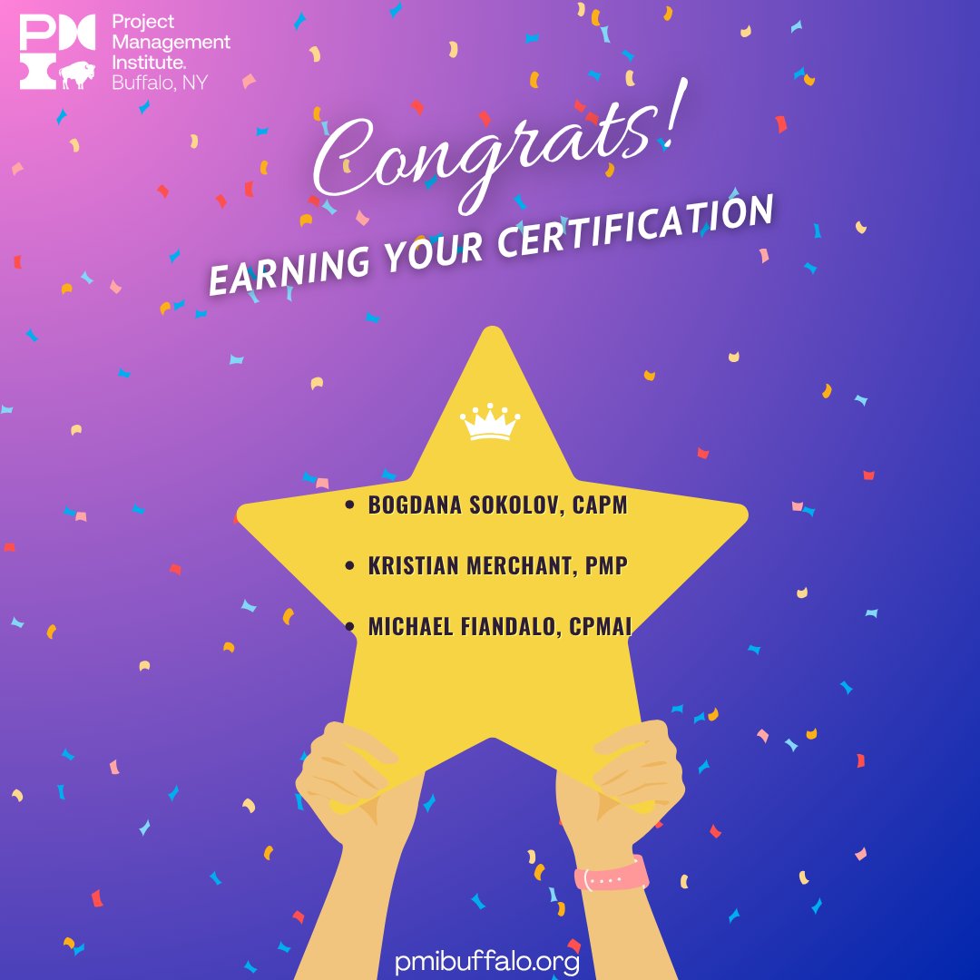 Please join us in the celebration for earning their Certification last month!🏆

• Bogdana Sokolov, CAPM
• Kristian Merchant, PMP
• Michael Fiandalo, CPMAI