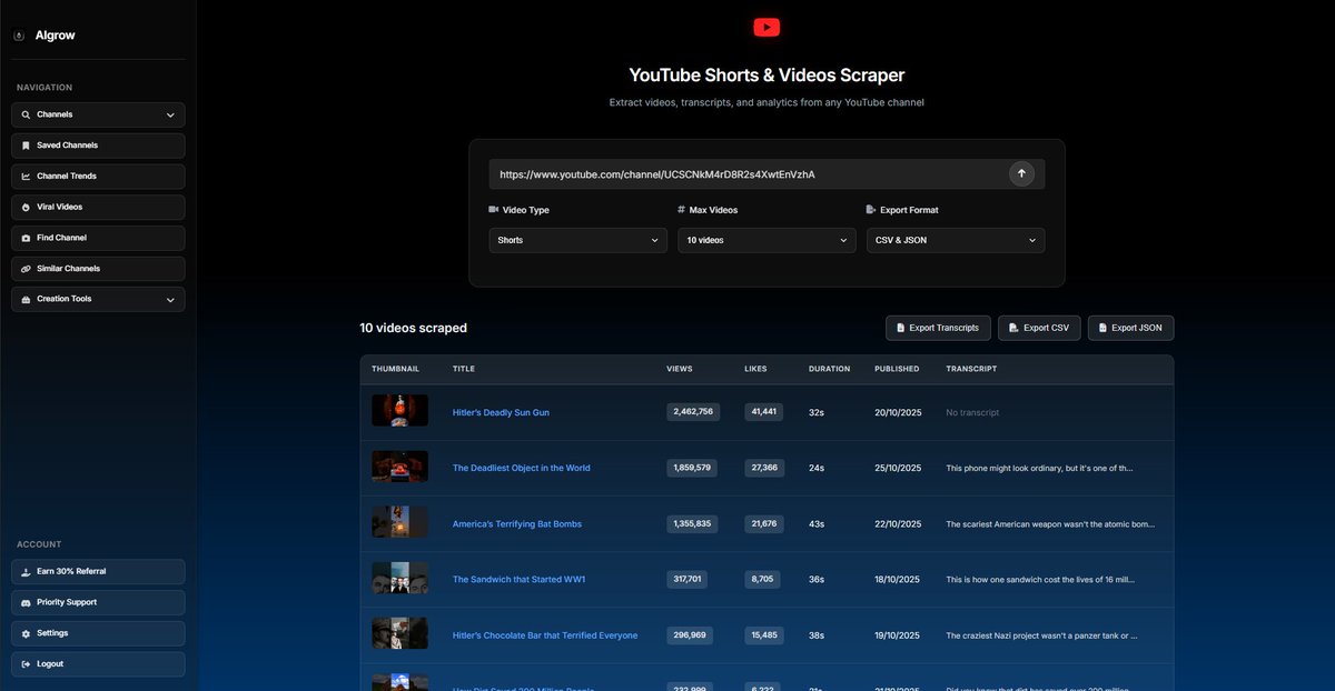 algrow_online's tweet image. Shipped a fix for this

You can now scrape any Youtube Shorts channels for the stats of their recent videos to analyze in any LLM (ChatGPT, Claude etc)

This also includes transcripts as well which are a pain to extract but we provide that

Unlimited usage of this feature in all…