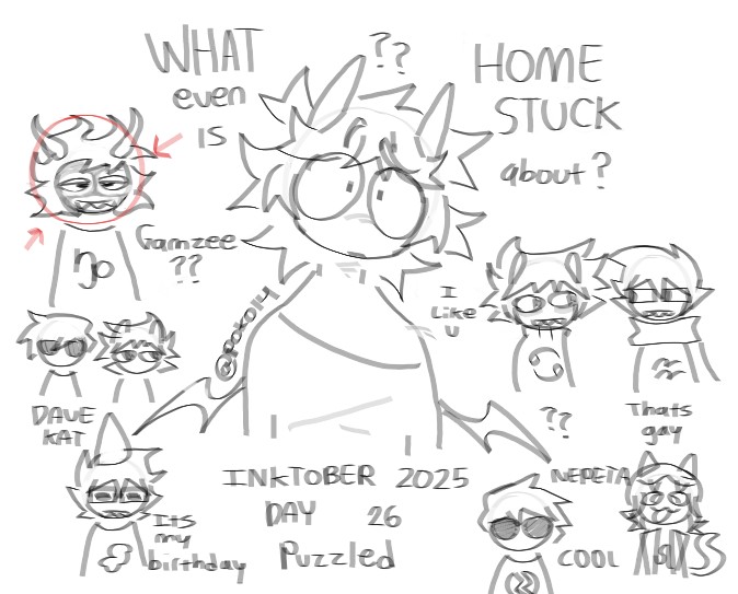 sporkqish's tweet photo. #Inktober Day 26 : Puzzled
I have been feeling PUZZLED with my journey of getting into Homestuck recently 
Anyways so yeah what I've been thinking about in a nutshell is what I drew today
#inktober2025 #Homestuck https://t.co/acyQ7rb2xY