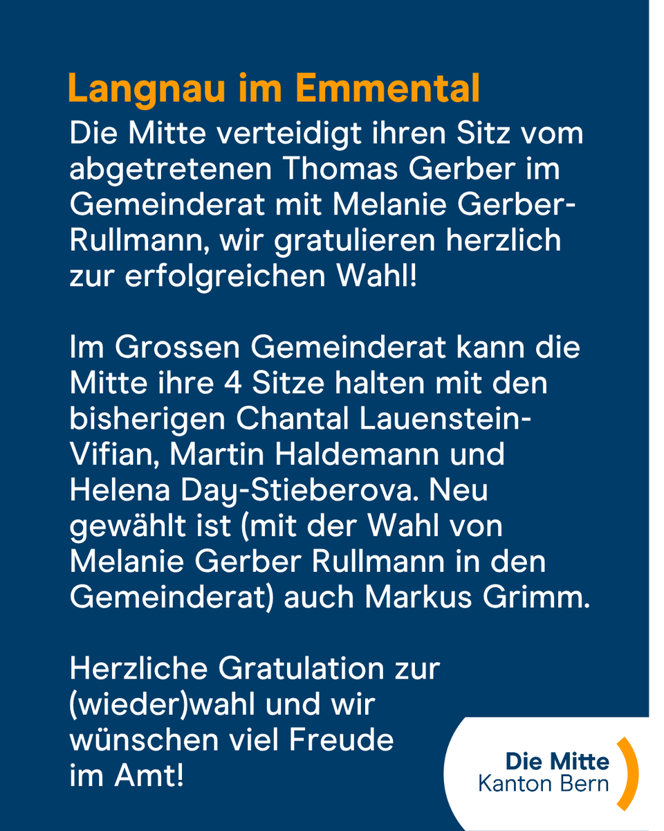 DieMitte_BE's tweet photo. Nach den Gemeindewahlen von heute können wir herzlich nach Langnau i.E. und Fraubrunnen zu erfolgreichen Wahlen gratulieren 🎉

#DieMitteBE #KantonBern #WahlenBE #LangnauImEmmental #Langnau #Fraubrunnen #Politik https://t.co/HcLEMFRCTy