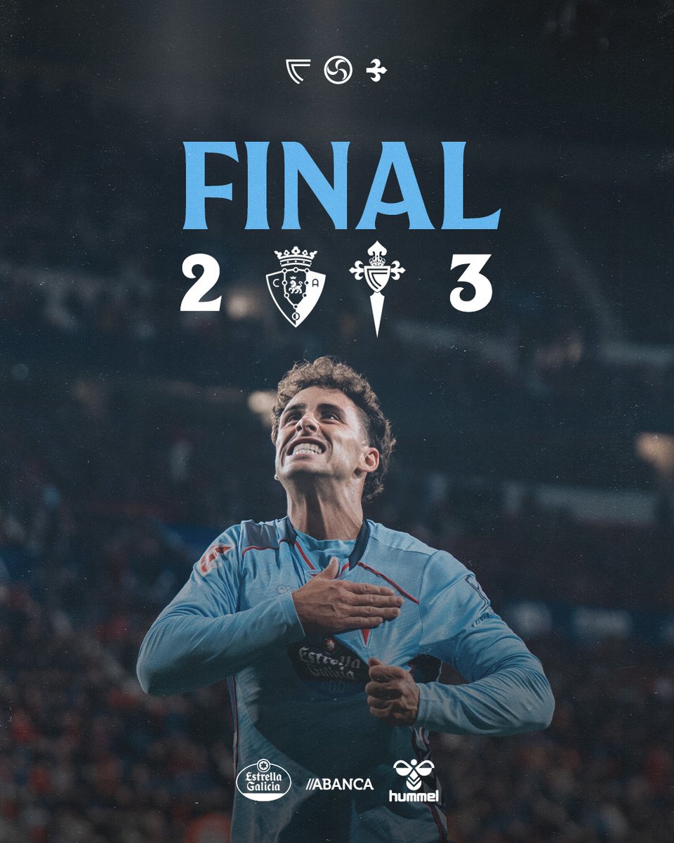 🏁 𝗙𝗜𝗡𝗔𝗟 con 𝗩𝗜-𝗧𝗢-𝗥𝗜𝗔 ✅

Segunda remontada da semana para sumar o noso primeiro triunfo en <a href="/LaLiga/">LALIGA</a> 25/26.

A POR MÁIS 💪

#OsasunaCelta ⋄ #LALIGAEASPORTS