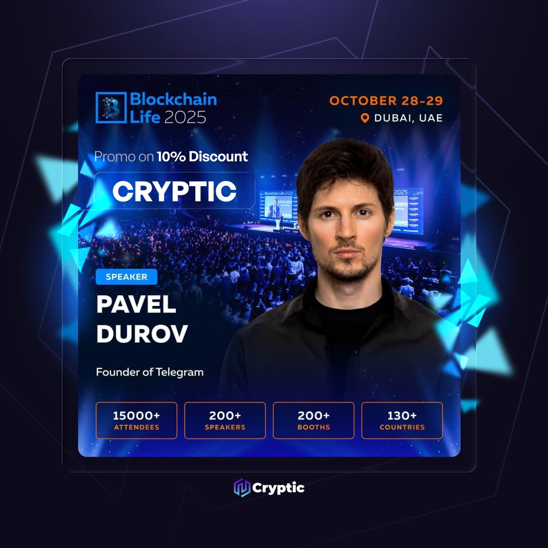 Cryptic_Web3's tweet image. ⚡ Pavel Durov will speak live at Blockchain Life 2025 – Dubai, Oct 28–29!
The Legend of the IT industry and the Head of Telegram and Ton will perform live 29.10 on the Main Stage at Blockchain Life 2025.
The topic will be announced soon. Follow the news!
🎟️ Tickets to…