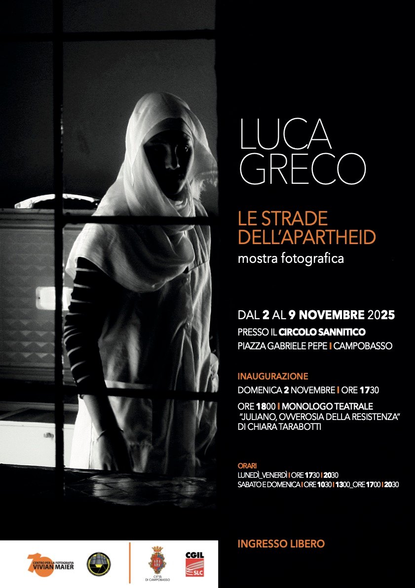 cfc_VivianMaier's tweet photo. LE STRADE DELL’APARTHEID Un viaggio fotografico tra Sahara Occidentale,Palestina e Irlanda del Nord,dove i confini diventano memoria e resistenza.Fotografie di Luca Greco.Circolo Sannitico,CB 2-9/11/25Lunedì–Venerdì | 17:30–20:30 Sabato–Domenica | 10:30–13:00 e 17:00–20:30 https://t.co/VhNvXpyUv9