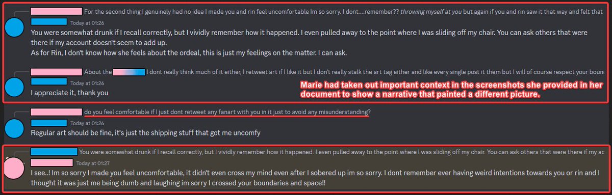 RimaEvenstar's tweet photo. What the Bari doc blew wide open: 
• Marie/Remou lied in her response document by doctoring screenshots, which directly contradict her claim of not being drunk when throwing herself on Ike.

• Ike was doxxed by bullies (plural) within Nijisanji. He reported it to a manager, who replied casually : basically confirming the clique is real.  

• The screenshots are dated after the Selen incident, during a time when Nijisanji was under public pressure to improve liver working conditions, which makes this even more damning.  

• We now know from DMs that Nina was excluded from an Ethyria project in one instance. When she asked Millie about it, Millie told her it was "all in her head" -only to later admit she did exclude her.
  
• Marie/Remou lied about her breakup with Ike being “amicable.” Bari got permission from Ike to release more screenshots, pushing back on the “crazy ex-gf” narrative. Now it’s Bari and Ike’s word.  

• Marie/Remou also lied about her relationship with Vox ending on good terms. That relationship seemed rocky, and she confided in Ike about it throughout, making her rebound more likely.

I’ve added a censor legend for clarity (not everything in confirmed in there it's whatever people could piece together).