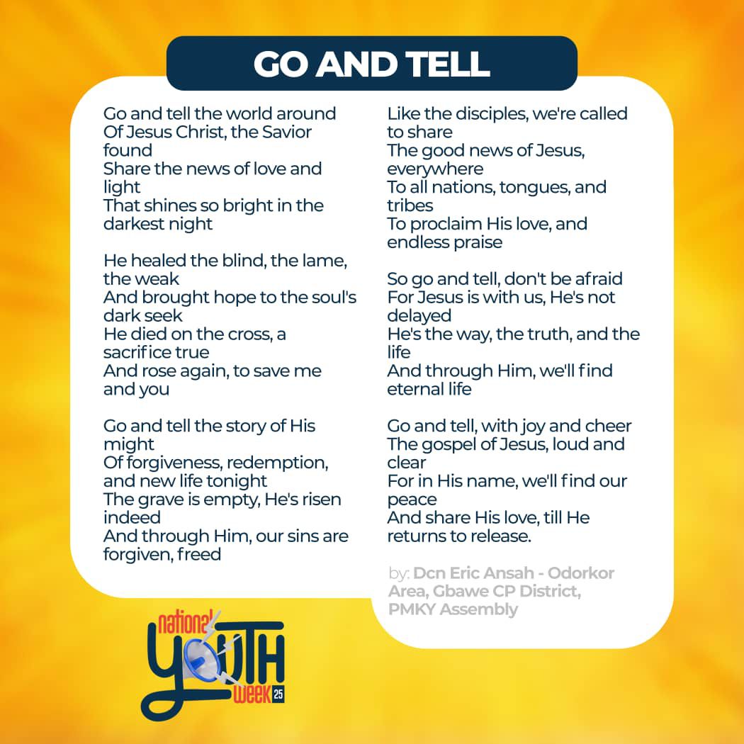 thecopym's tweet image. Penned with purpose by Dcn Eric Ansah from Odorkor Area for #NYWC25.

Go and Tell — a call to rise, redeem, and reach the world with Christ’s love.

#NYWC25 | #GoAndTell | #PossessingTheNations