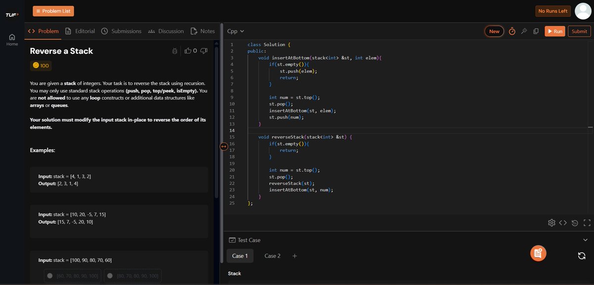 pritam_mandal77's tweet image. 🗓️ Day 87 of #100DaysOfDSA

Today, I practiced recursion + stack problems:
1️⃣ Sort a stack using recursion
2️⃣ Reverse a stack using recursion

Also solved :
1️⃣ LeetCode 58 Length of Last Word
O(3n) time &amp;amp; O(n) space

A productive day covering multiple concepts!

#DSA #Recursion