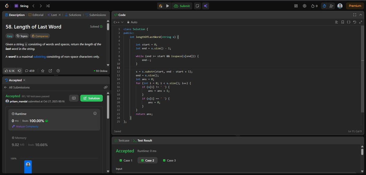 pritam_mandal77's tweet image. 🗓️ Day 87 of #100DaysOfDSA

Today, I practiced recursion + stack problems:
1️⃣ Sort a stack using recursion
2️⃣ Reverse a stack using recursion

Also solved :
1️⃣ LeetCode 58 Length of Last Word
O(3n) time &amp;amp; O(n) space

A productive day covering multiple concepts!

#DSA #Recursion