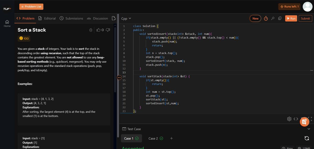 pritam_mandal77's tweet image. 🗓️ Day 87 of #100DaysOfDSA

Today, I practiced recursion + stack problems:
1️⃣ Sort a stack using recursion
2️⃣ Reverse a stack using recursion

Also solved :
1️⃣ LeetCode 58 Length of Last Word
O(3n) time &amp;amp; O(n) space

A productive day covering multiple concepts!

#DSA #Recursion