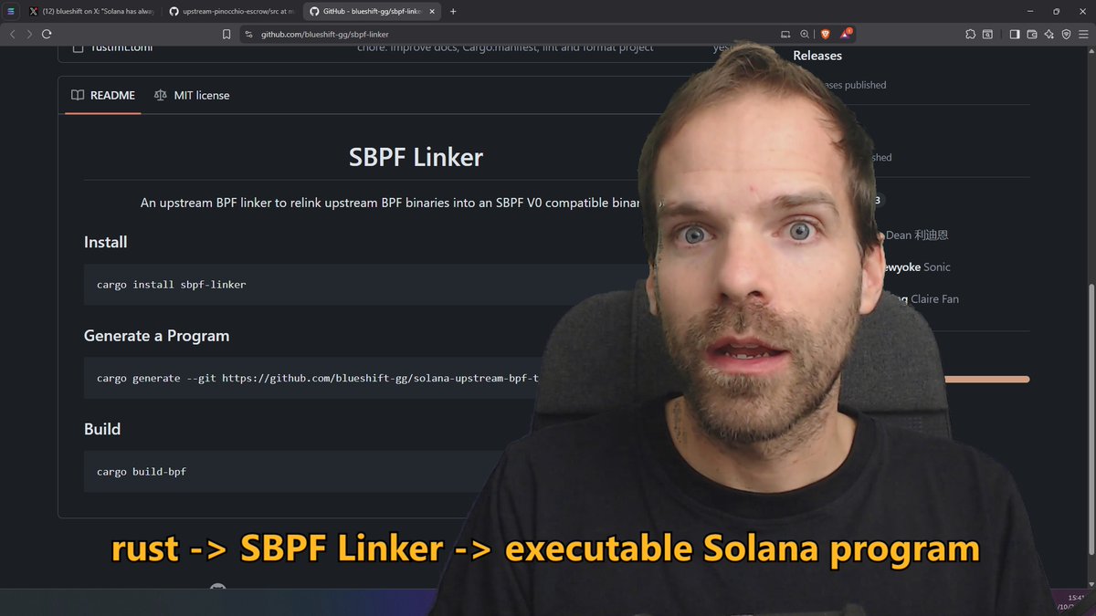 Screenshot of SBPF Linker GitHub repository showing installation and build commands