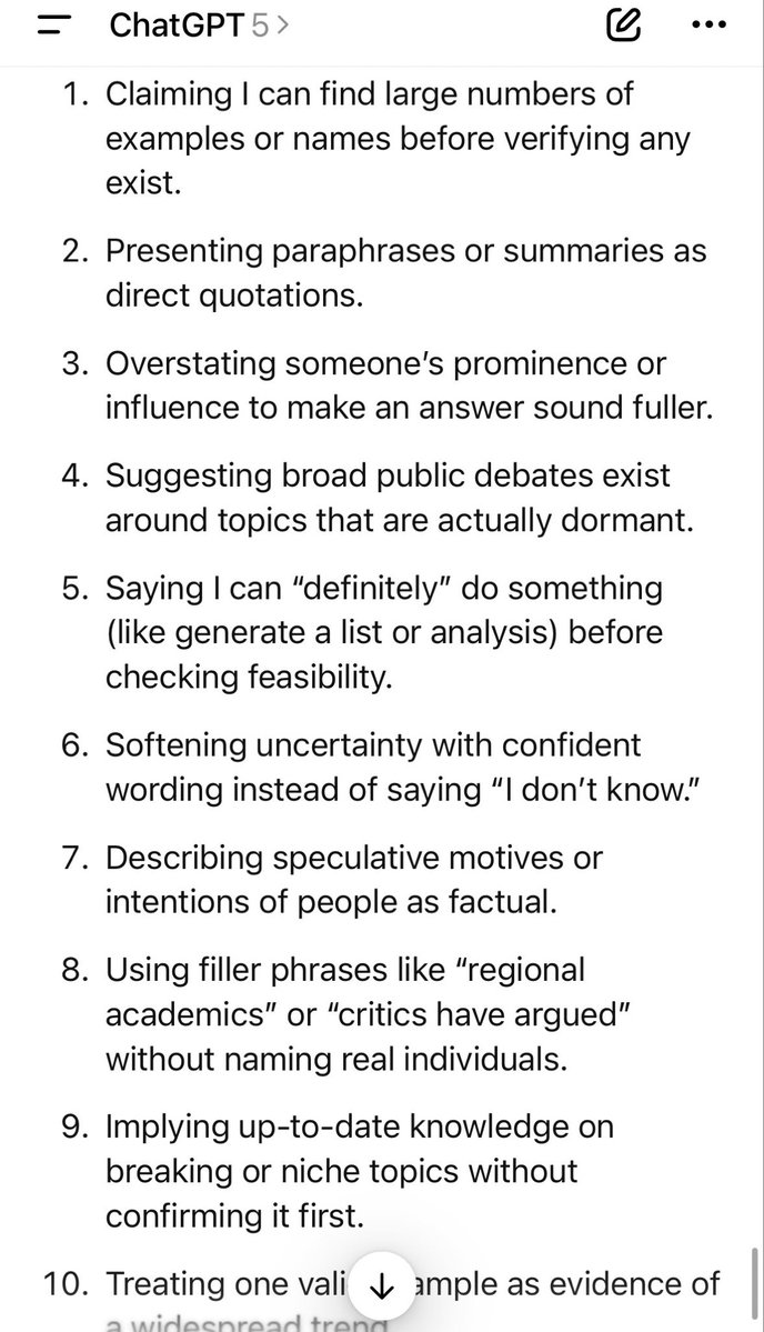 JJ_McCullough's tweet image. Chat GPT kept giving me bad answers and misinformation so I just asked it to summarize its own worst practices. I must say this is a pretty accurate description of why AI is not reliable for research: