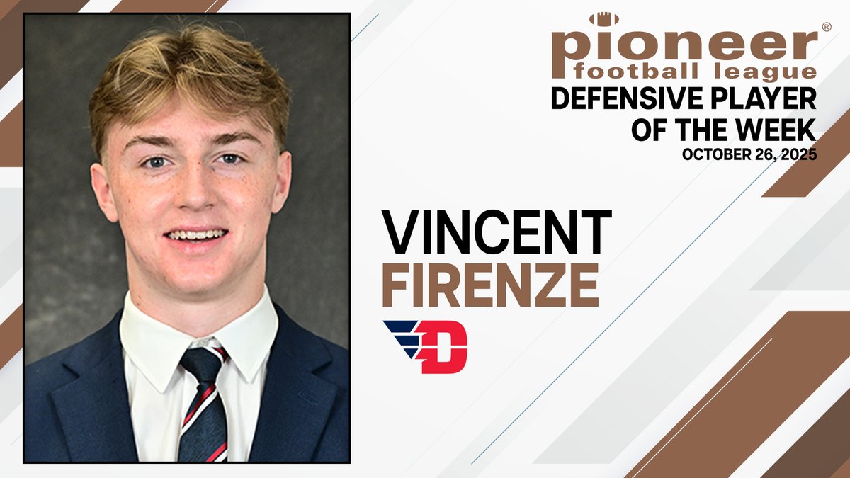 𝗧𝗵𝗲 𝗣𝗙𝗟 𝗗𝗲𝗳𝗲𝗻𝘀𝗶𝘃𝗲 𝗣𝗹𝗮𝘆𝗲𝗿 𝗼𝗳 𝘁𝗵𝗲 𝗪𝗲𝗲𝗸!

Vincent Firenze, Dayton 
Firenze led all tacklers with 14 stops and added a third-quarter pick-six as the Flyers upset nationally-ranked Presbyterian.

Story &gt; pioneer-football.org/news/2025/10/2…

#FCSisBest |