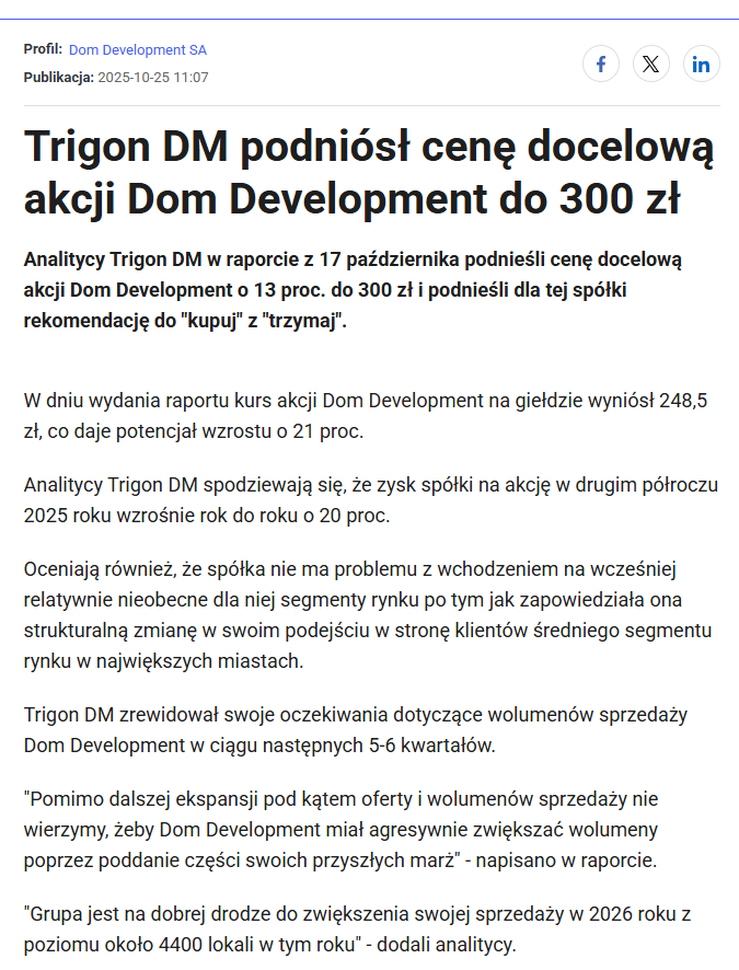 RobertPietraga's tweet photo. #NowaRekomendacja 🇵🇱 #akcje #deweloper

🔸 #DomDevelopment 

Trigon DM podniósł cenę docelową akcji Dom Development do 300 zł. https://t.co/5v1Ma8RtwR