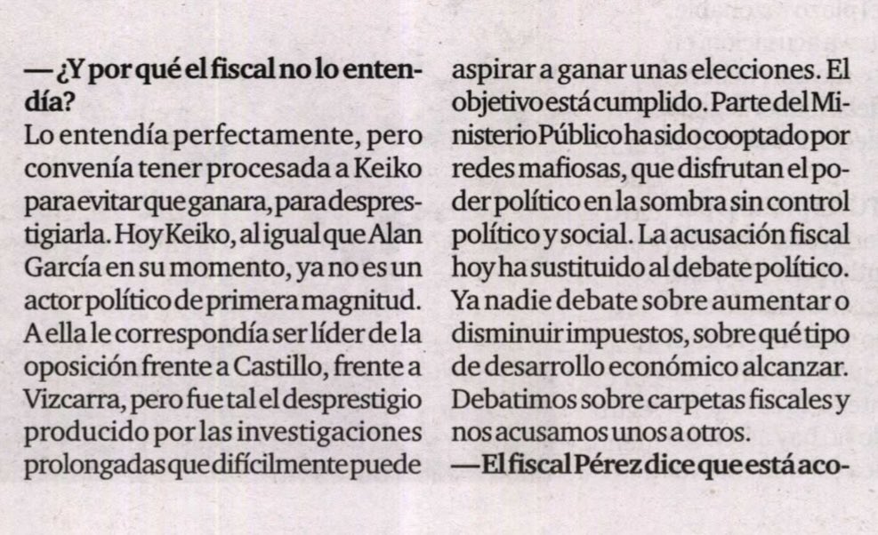 El Pdte.  <a href="/pcmperu/">Consejo de Ministros</a> ha declarado en <a href="/Politica_ECpe/">Política El Comercio</a> que "parte del Ministerio Público ha sido cooptado por redes mafiosas". Por lo tanto tiene la obligación legal de denunciar ese delito, con las pruebas que tiene. De no hacerlo incurrirá en el delito de omisión de denuncia.