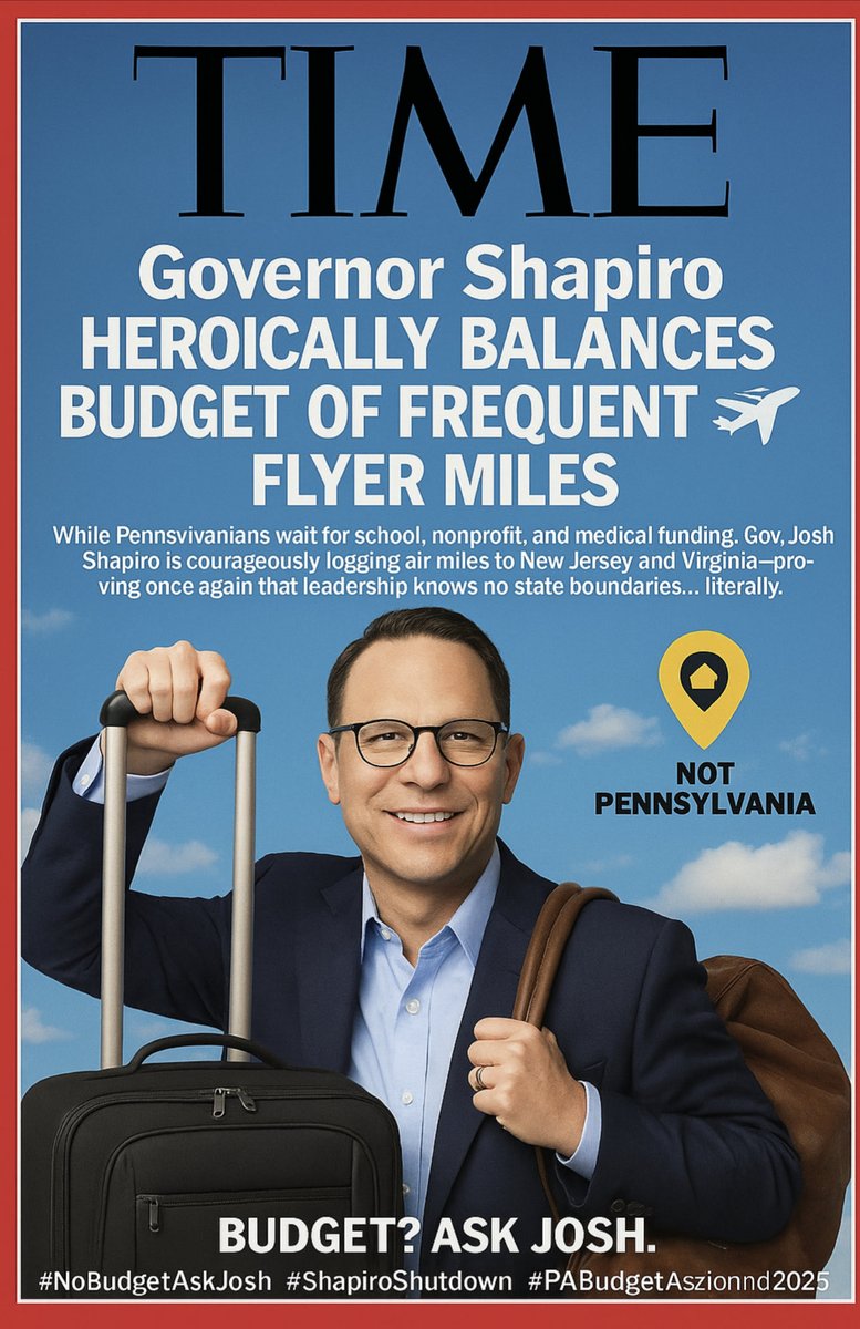 🚨 BREAKING: Gov. Shapiro heroically balances the budget — of frequent flyer miles. ✈️.  While PA schools, hospitals &amp; nonprofits wait for funding, he’s campaigning in New Jersey &amp; Virginia.
Leadership knows no state boundaries.
Literally.📍 Not Pennsylvania
🧳 #NoBudgetAskJosh