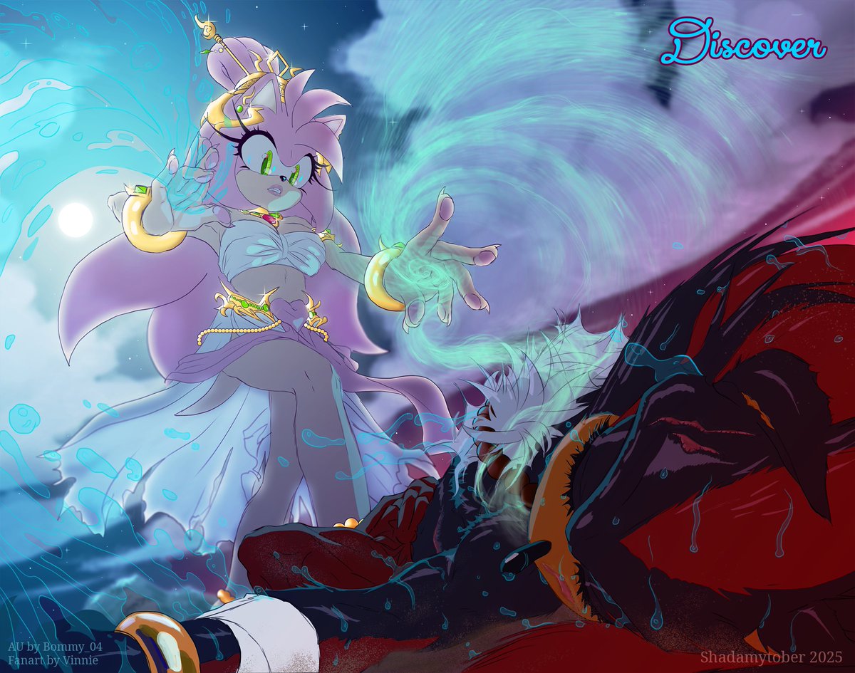 A few months ago, <a href="/Bommy_04/">🍂☠️Orange CMM OPEN🦇</a> asked people to make fanarts of their #shadamy AU inspired by thai culture. 
I finished my contribution right for #Shadamytober.
Shadow is shipwrecked and Amy pull excess water out of him and give him air 🌊🌬️.

Day 10: Discover
#Shadamytober2025