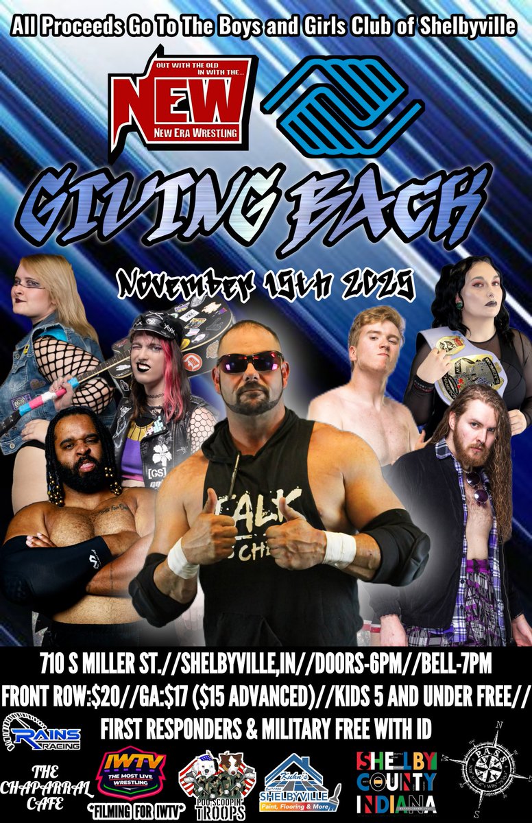 We've already announced TWO huge matches for our next show, and tomorrow we announce another one!

Championship match announcement tomorrow!

#NEWGiving
11/15/25
Shelbyville, IN
710 S. Miller St.
Doors @ 6pm
Bell @ 7pm

*Filming for IWTV*