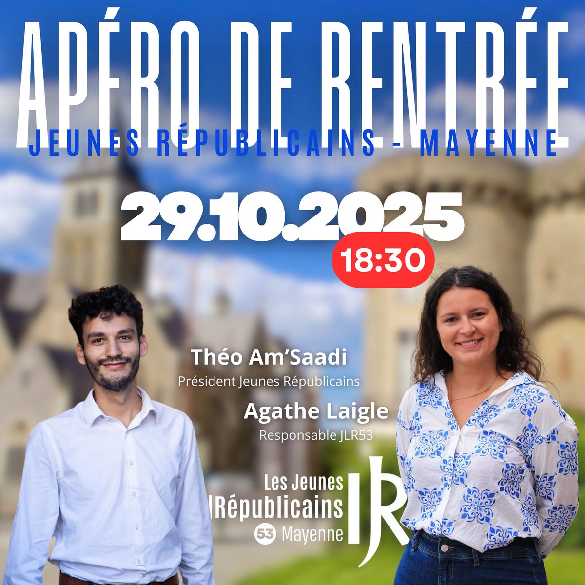 📅 Apéro de rentrée des #JeunesLR53
🕡 Mercredi 29 octobre à 18h30
🥂 En présence de notre Président <a href="/theo_amsaadi/">Théo Am’Saadi</a>  ! 🇫🇷
📍 Lieu communiqué après inscription (MP obligatoire)
#Mayenne #JeunesLR #Politique