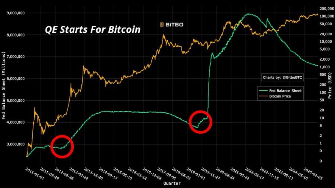 TheDAppAnalyst's tweet image. When QE starts, Bitcoin goes absolutely parabolic.
QT is about to stop very soon likely December FOMC meeting (smaller probability for October meeting), and QE is likely to start again next year or early 2027.
Stay macro. Stay stacking Sats. 
$BTC $ADA $IAG $INDY $SNEK