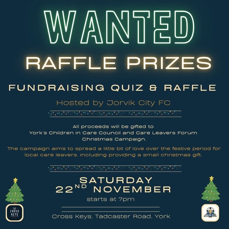 Help needed: we are launching our Christmas Campaign and are currently looking for raffle prizes for our fundraising night - if you can help please let me know <a href="/JorvikCity/">Jorvik City FC</a> <a href="/ycfcst/">York City FC Supporters’ Trust</a> <a href="/steveh123456/">1922</a> <a href="/thisisyo1/">YO1 Radio</a> <a href="/JoshHowlett14/">JH</a> <a href="/HappyWanderer55/">Sam Radcliffe 🇨🇷</a> 
Please RT