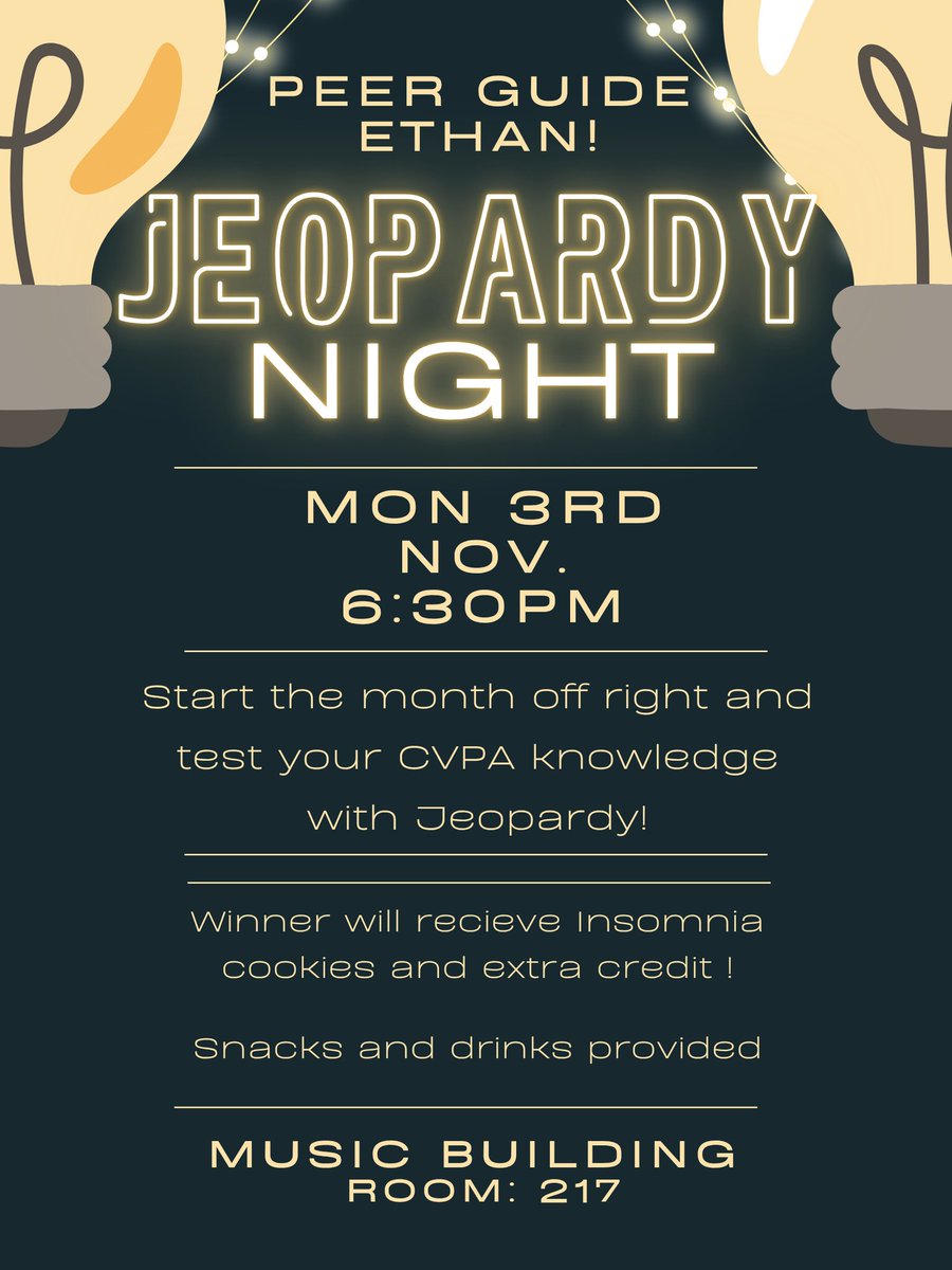 cvpapeerguides's tweet image. 📢 Come to CVPA Jeopardy Night for fun and snacks on Monday November 3rd, 6:30PM! 🎤 Hosted by Peer Guide Ethan! ✨

#uncg #uncgcvpa #peerguide #uncgart #uncgarts