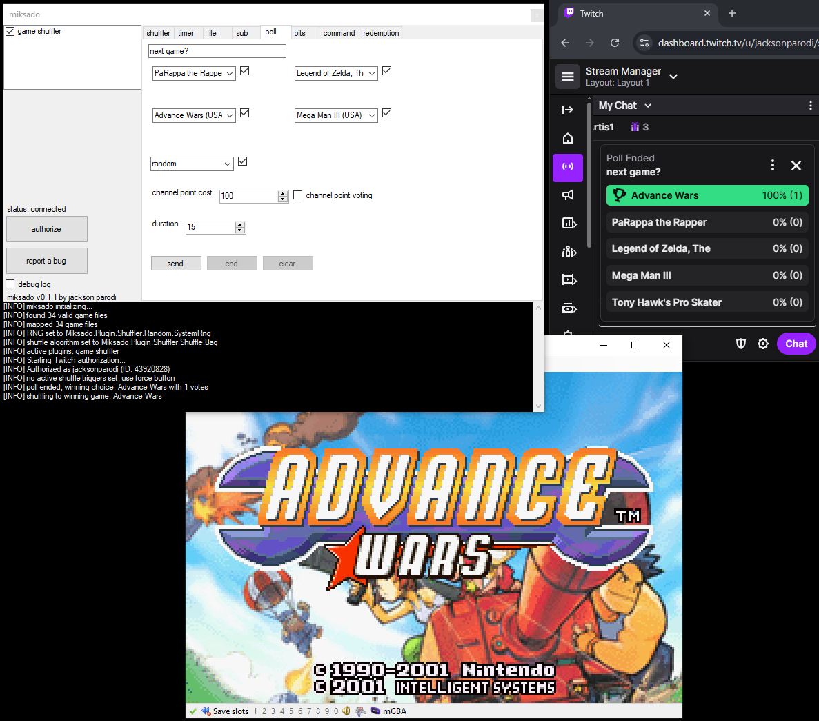 fun new feature of my BizHawk game shuffler: polls!

the streamer can make 2 to 5 game options (specific game or a random one) and create a poll for the Twitch chat. the chat votes on the poll and when it's finished, it switches automatically to the winning game