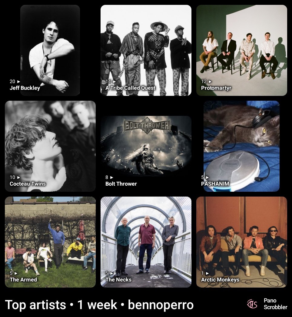 Top artists • 1 week • bennoperro

1. Jeff Buckley
2. A Tribe Called Quest
3. Protomartyr
4. Cocteau Twins
5. Can
6. Bolt Thrower
7. PASHANIM
8. The Armed
9. The Necks
10. Amo, Nimo

(via Pano Scrobbler)