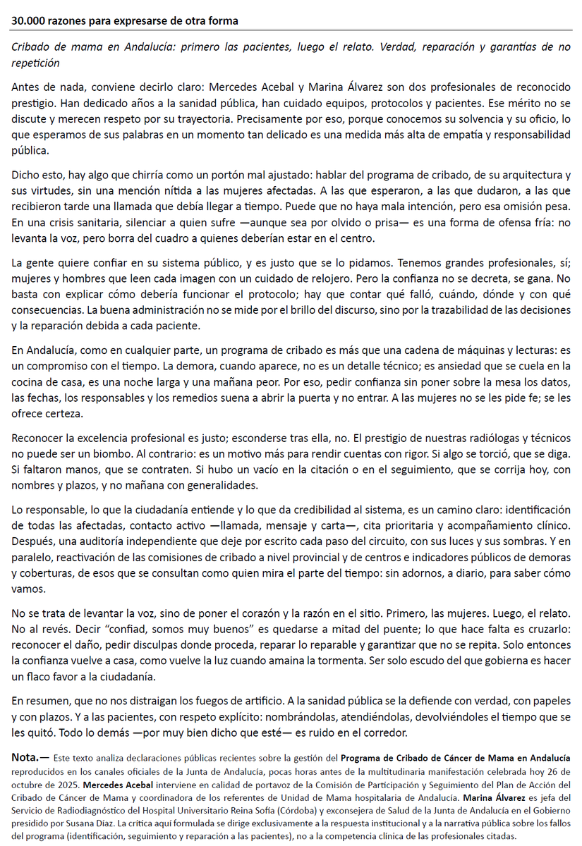 Tras la manifestación en Sevilla sobre el cribado de cáncer de mama y los videos difundidos por la Junta con profesionales del SAS, comparto reflexión: primero, mujeres; después, verdad, reparación y garantías de no repetición. #CribadoDeCáncerDeMama #SanidadPública #Andalucía