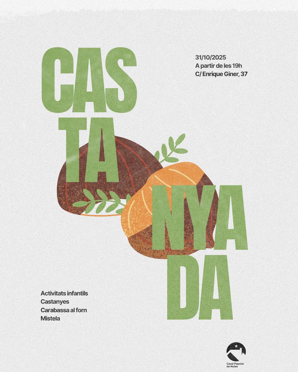 🌰 CASTANYADA AL CASAL POPULAR 🔥

Este divendres 31 torna un dels actes més participatius del Casal. 
Activitats infantils, castanyes, carabassa al forn, música i mistela.

Vos hi esperem!