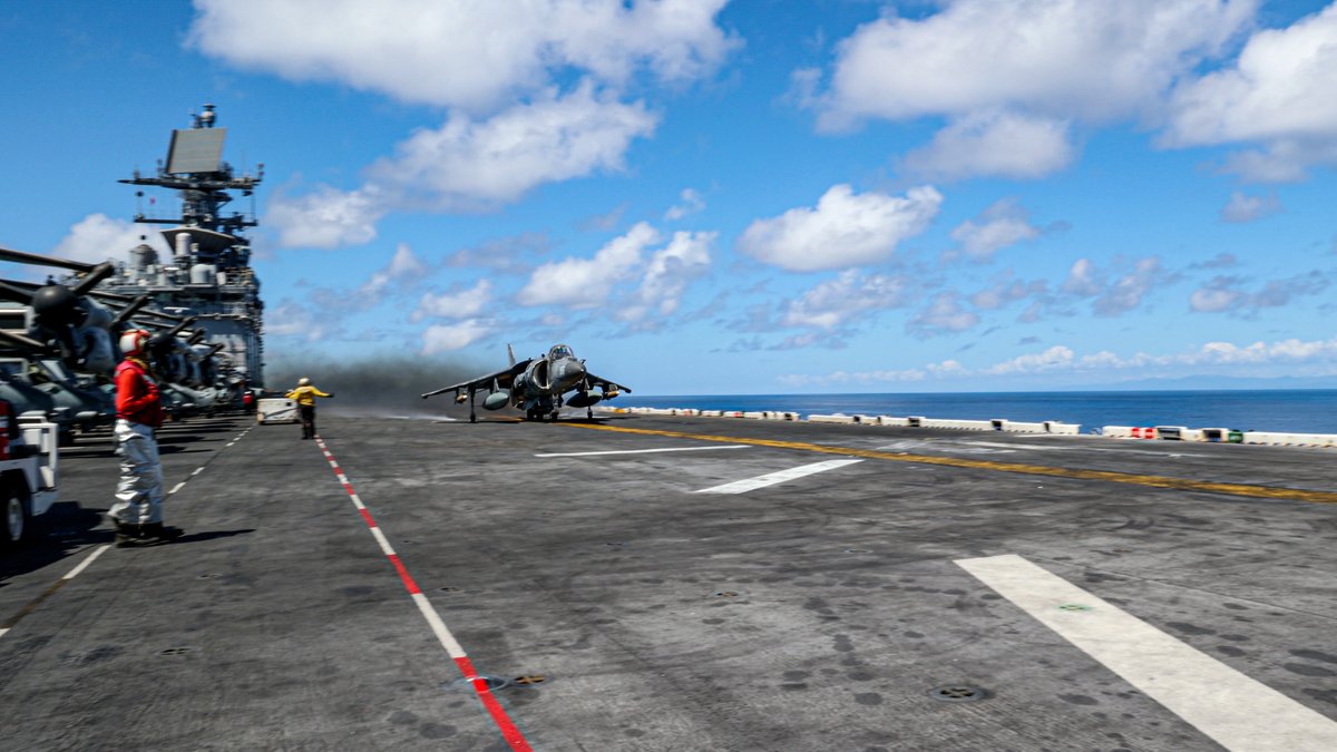 Southcom's tweet image. A @USMC AV-8B Harrier with @22nd_MEU takes off from USS Iwo Jima for training in the Caribbean in support of #SOUTHCOM's mission, @DeptofWar-directed ops, & @POTUS' priorities to disrupt illicit drug trafficking & protect the homeland. @NAVSOUS4THFLT @MARFORSOUTH @SecWar @USNavy
